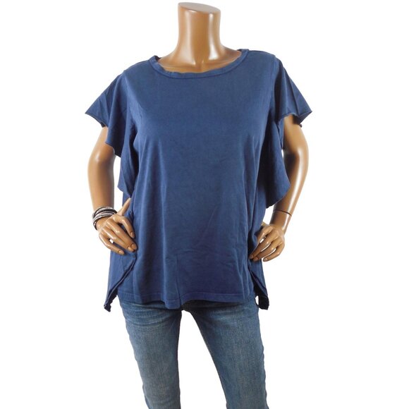 Tops - FRAYED Top L New Washed Navy Blue Casual Shirt 100% Cotton Asymmetric Detail
